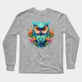 Vintage Whispers of the Night: Owl Illustration with Floral Crown Long Sleeve T-Shirt